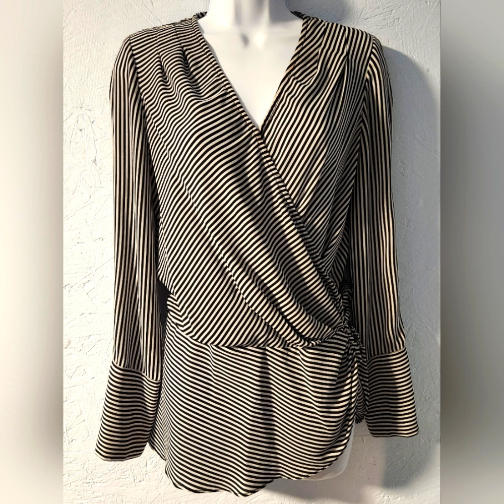 Badgley Mischka Black & White Striped Long-Sleeve Wrap Blouse - Women's Size S
